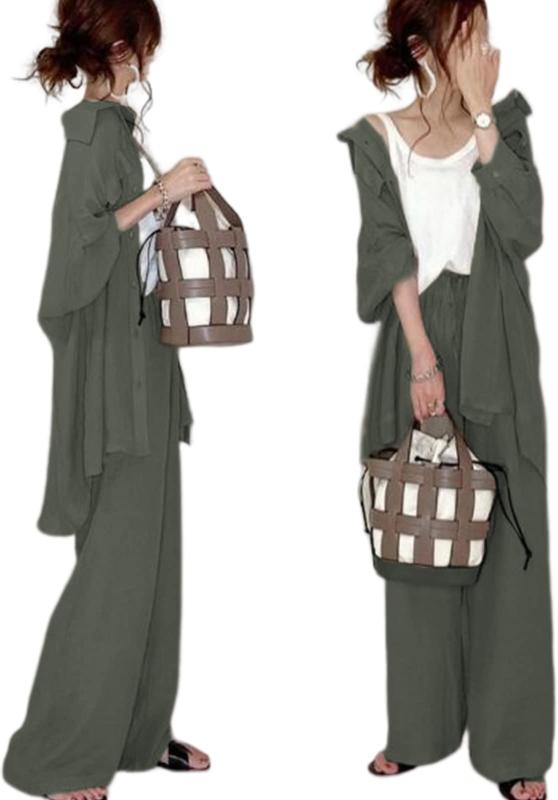 [newNE] [ニューネ] セットアップ レディース 2点セット とろみ 長袖 シャツ パンツ 上下セット 春 夏 秋 W10