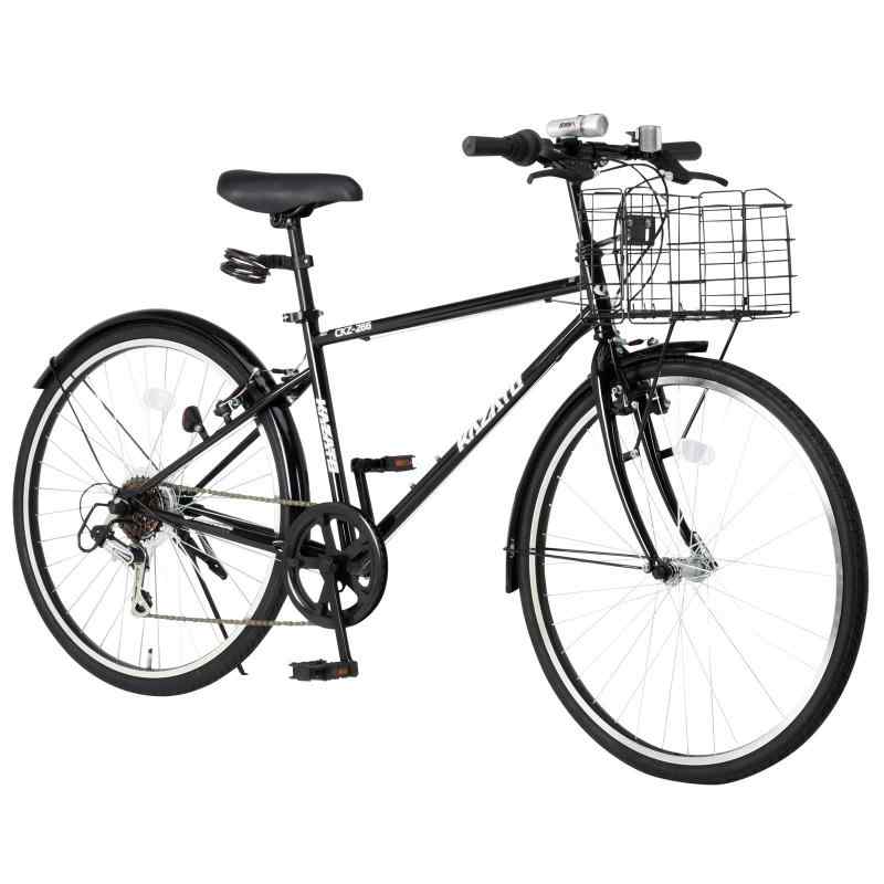 カザト(KAZATO) カゴ付き クロスバイク CKZ-266 自転車 26インチ シマノ製6段変速 前後泥除け ブラック/ホワイト 【LEDライト・ワイヤー錠SET】