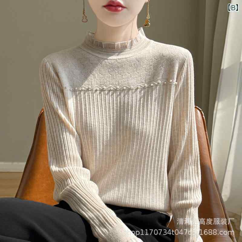 ニット トップス 女性用 半高領 長袖 レース...の紹介画像3