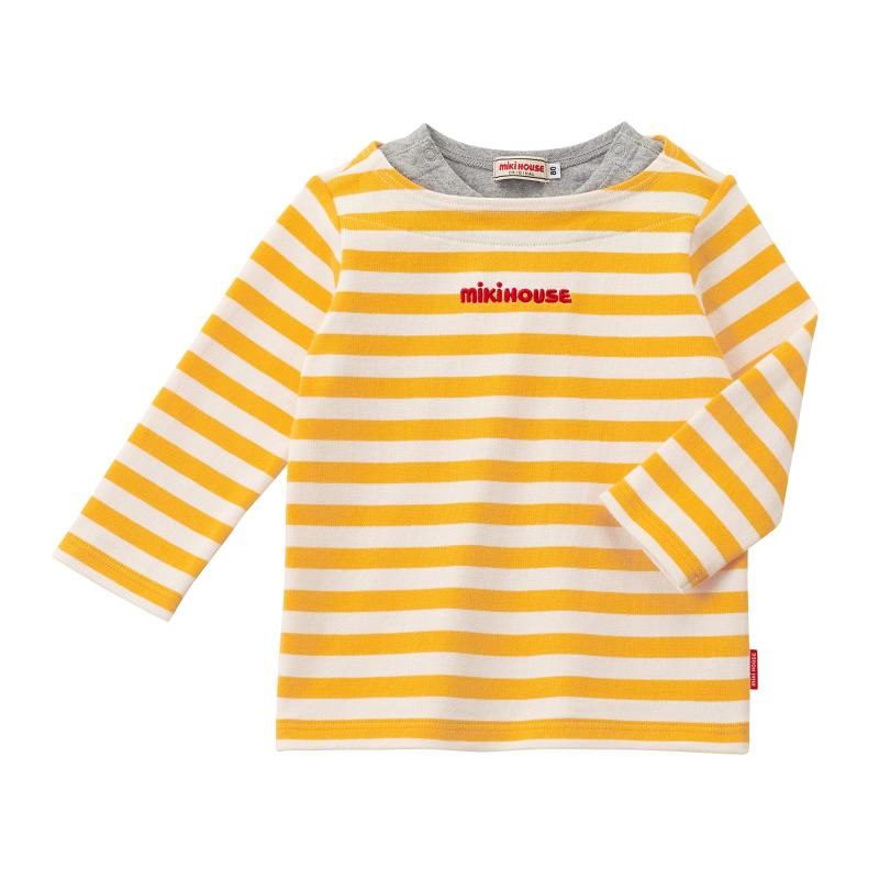 [ミキハウス] 長袖Tシャツ ボーダー 厚手 日本製 男の子 女の子 ベビー キッズ 子供服 通園 通学 10-5235-572パープル/黄/グリーン：（～110） 綿 100％、（120～） 綿 100％、（インナー部分） 綿 73％、複...