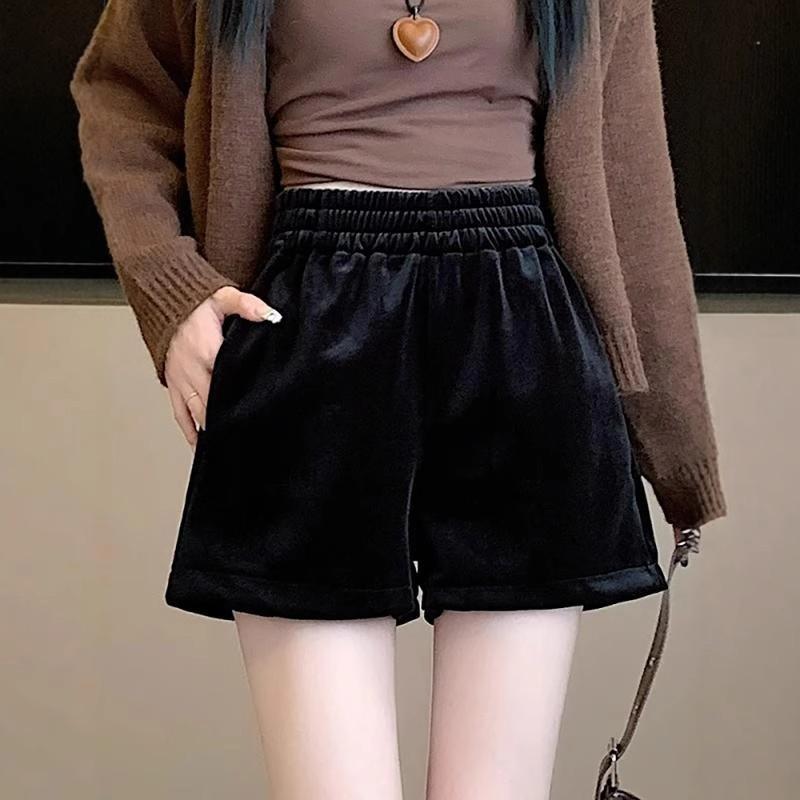 ショートパンツ レディース 秋冬 カジュアル ゆったり ハイウエスト Aライン 厚手 ベロア 黒 ブラック コーヒー色 ポケット
