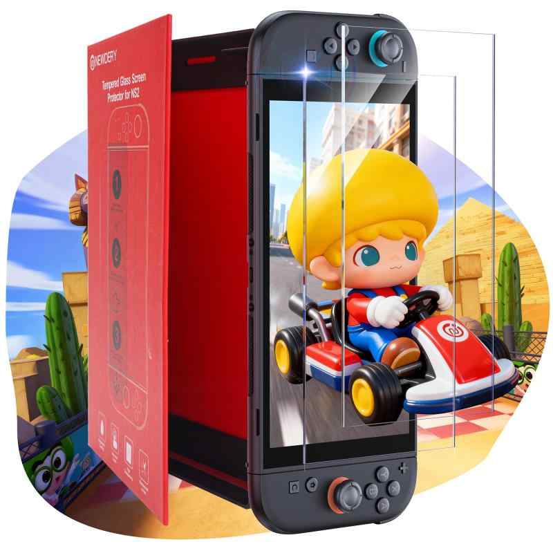 Switch 2用 保護フィルム【2枚セット】NEWDERY スイッチ2用 ガラスフィルム 一体型ガイド枠付き 9H硬度 全画面保護・高透過率 Switch 2用 スクリーン プロテクター 気泡ゼロ・指紋防止・飛散防止【Switch 2専用 フィルム】ゲーマー向けに設計されたSwitch 2 保護フィルム、超高強度のスクリーンプロテクターを提供します。ご貴重な Switch 2 スクリーンをセカンドスクリーンのように保護し、比類のない耐衝撃性を備え、日常使い、旅行、そして激しいゲームセッションでも長期間保護します。【簡単に貼り付け】一体型の貼り付けガイド枠を同梱して、自動位置合わせツールを搭載します。Switch 2 スクリーンと保護フイルムがズレることなく、面倒な手動位置合わせはもう不要で、初心者でもSwitch 2 保護フィルムを簡単に貼ることができます。【硬度9H+ガラス】5倍の強度アップのSwitch 2 ガラスフィルム、普通より耐久性が高い、欠かせないSwitch 2 保護フィルムです。傷や衝撃に強く、Switch 2 画面へのダメージを最小限に抑えて、鞄やポケットのなかで鍵などの鋭いものにぶつかっても傷が付きにくいです。飛散防止加工により、万が一割れてもガラス破片が飛び散ることなく安心して使えます。【クリアな画質＆シルキータッチ】このSwitch 2 保護フィルムは、強い反射を抑え、Switch 2本来の美しい画質を損なうことなくスイッチ 2の画面をしっかり保護します。ゲームが滑らかで、スムーズなタッチ体験を提供して、スイッチ2 スクリーンプロテクターの上でスワイプするたびに、指先が自由に踊っているかのような感覚で、妨げや遅延がないスム一ズな操作をお楽しみいただけます。【1:1フルスクリーンフィット】このSwitch 2 保護フィルムは、高度なコーティング技術を採用し、画面本来の美しさを保ちながら、厚さわずか0.33mmそしてスイッチ2 強化ガラスフィルムはSwitch 2の画面に完璧に適合し、フィルム自体は非常に薄くて軽く、浮き上がったり気泡ができたりすることなく、スイッチ 2 ドックにスムーズに滑り込みます。