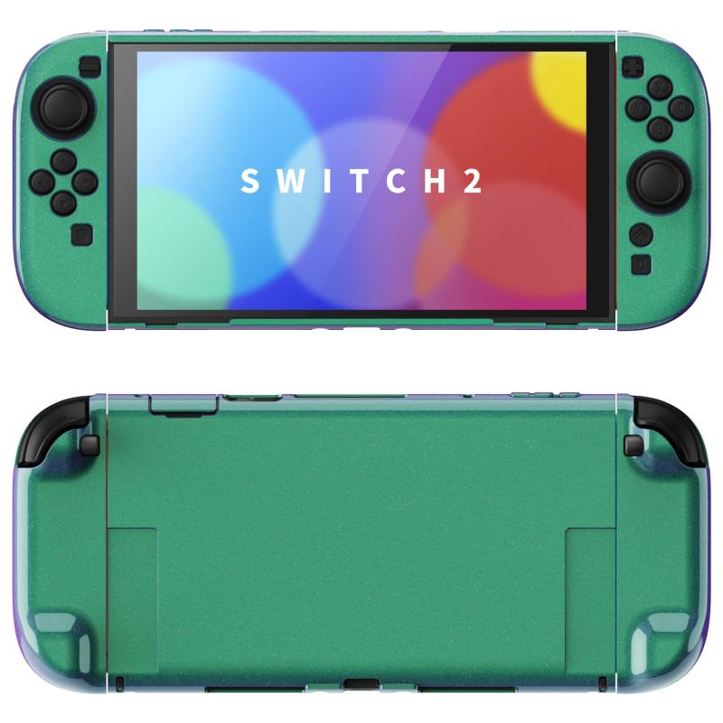 PlayVital Nintendo Switch 2（2025）対応ハードカバー 保護ケース 付けたままドックに対応 折りたたみ式スタンド＆親指グリップ付き–【カメレオングリーンパープル】