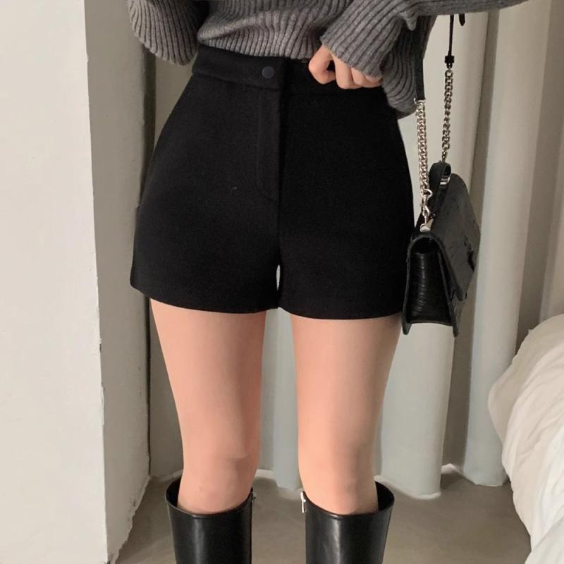 ハーフパンツ レディース 秋冬 黒 短パン 厚手 ショートパンツ ハイウエスト ストレート ウール タッチ スラックス パンツ ズボン カジュアル 美脚 ゆったり 大きいサイズ