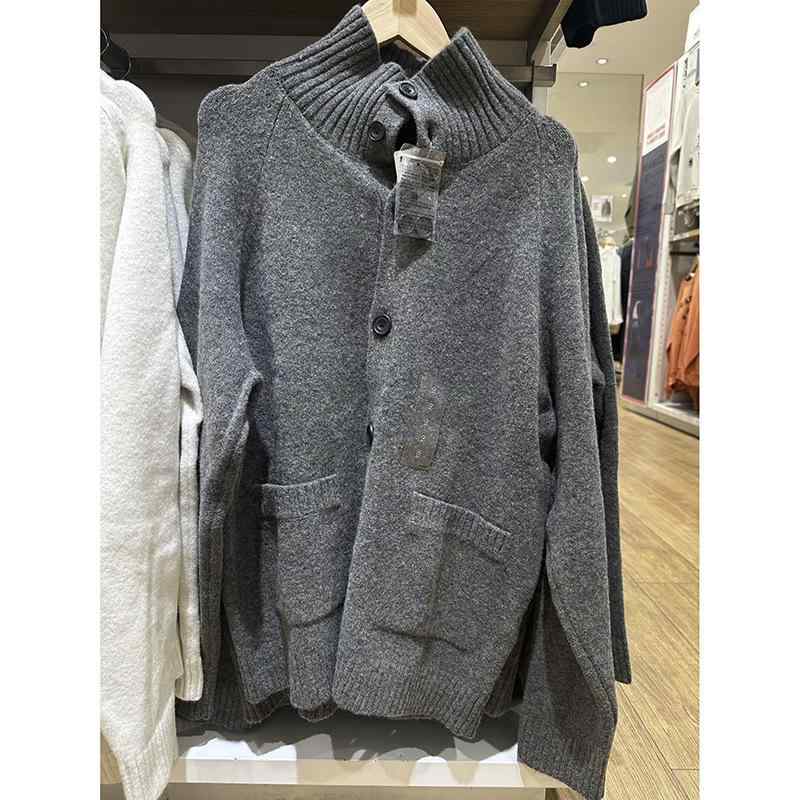 ニット カーディガン 高襟 トップス 男性用 女性用 長袖 ルーズ 無地 リブ 裾 普段使い 春秋 伸縮性