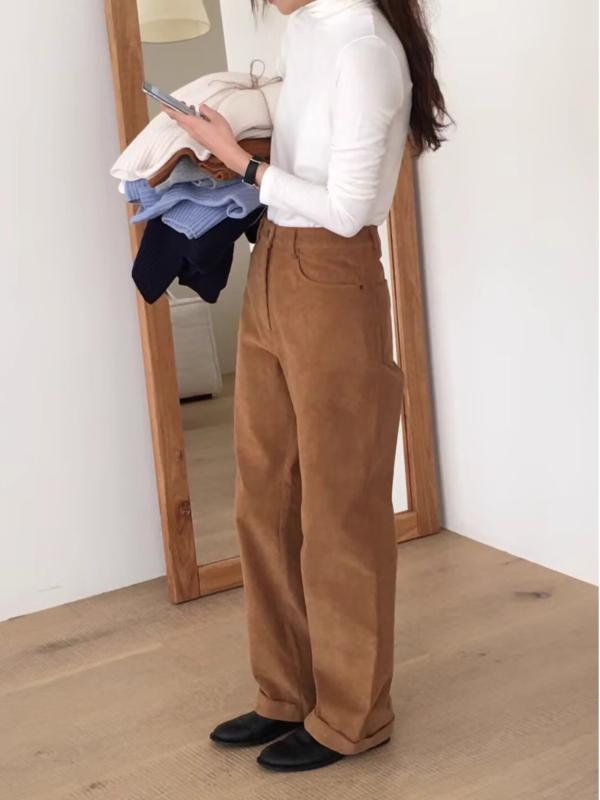 パンツ レディース 秋冬 高腰 コーデュロイ カジュアルパンツ ワイドパンツ ゆったり ストレート 米白色 ピンク系 焦糖色 ブラック 韓..