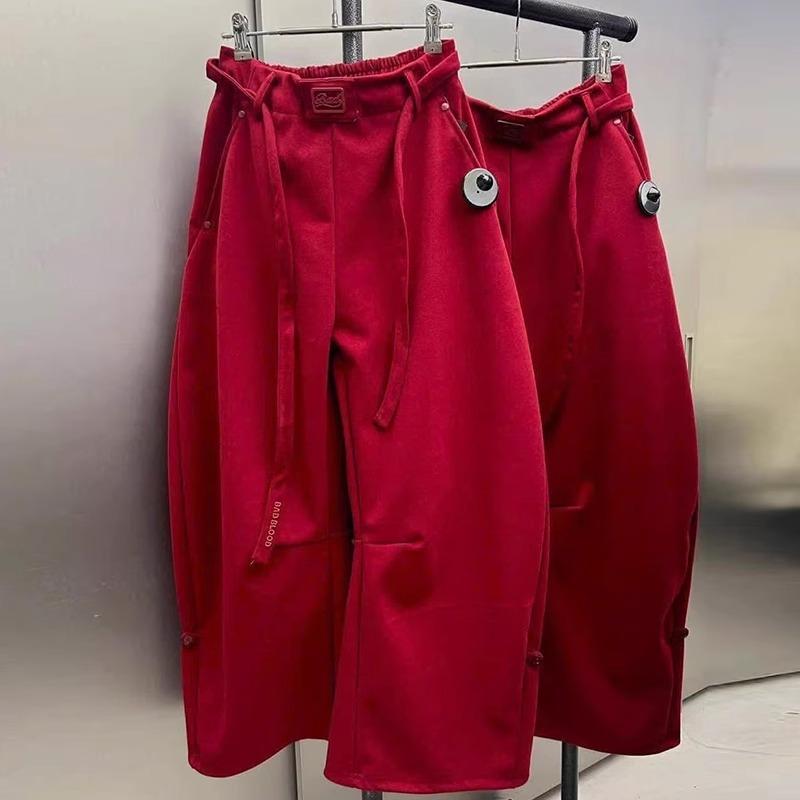 パンツ レディース アメリカンスタイル レッド カジュアルパンツ デザイン ロングパンツ コットン ゆったり 中間ウエスト 刺繡 配色 通勤 伸縮性 普段使い