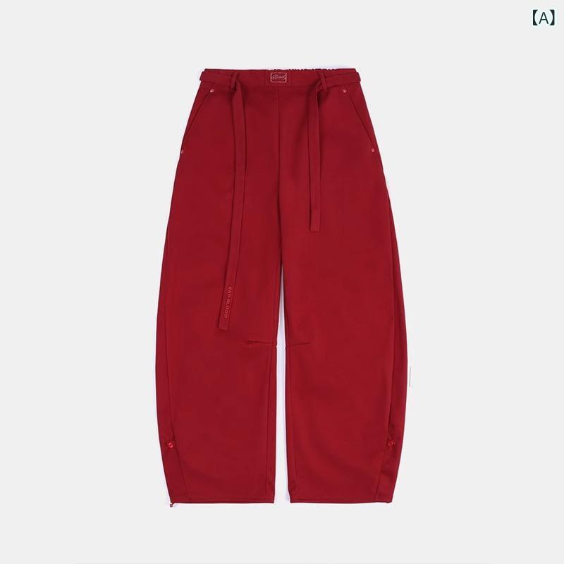 シャドーテールのパンツ レディース アメリカンスタイル レッド カジュアルパンツ デザイン ロングパンツ コットン ゆったり 中間ウエスト 刺繡 配色 通勤 伸縮性 普段使い｜アングル2