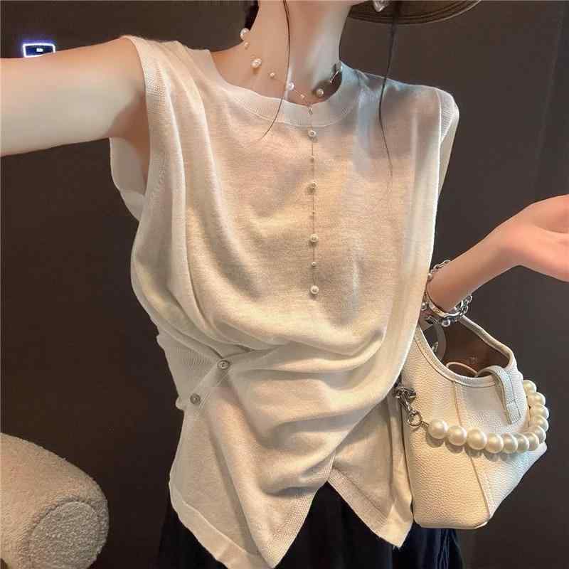 Three-Quarter Knit - ニット レディース ノースリーブ トップス 韓国風 スリムフィット Tシャツ サマー カジュアル ショート丈 カットソー 白 黒 灰色 青 墨緑 ポリエステル レーヨン アクリル クルーネック プルオーバー 日韓スタイル