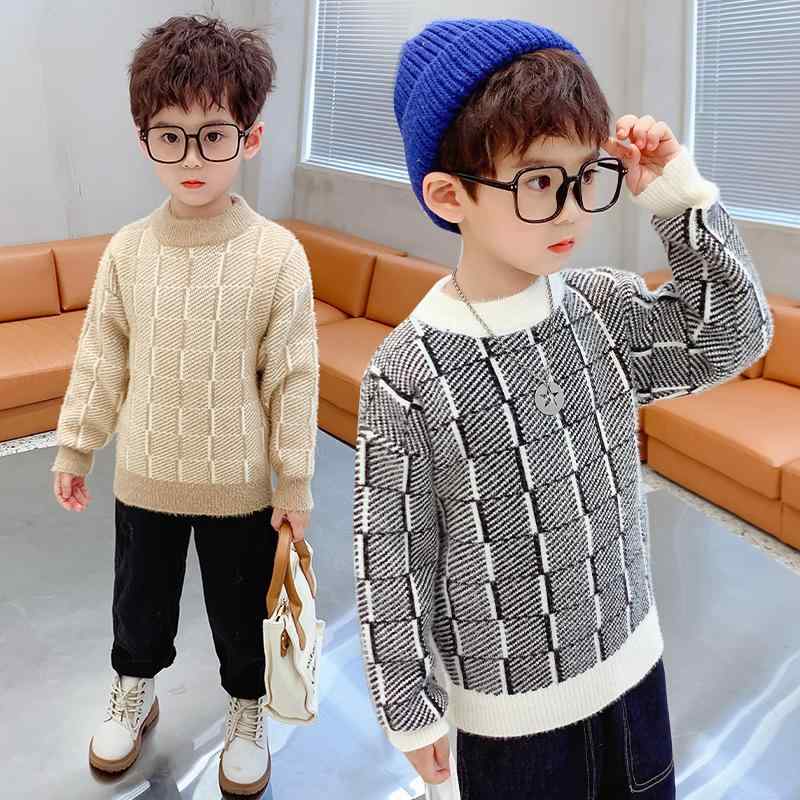 子供服 セーター 男の子 秋冬 ニット トップス 裏起毛 水貂毛 格子柄 子供用 カットソー 防寒 普段着
