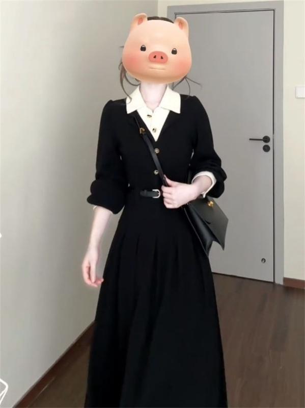 ワンピース レディース 春 Vネック 長袖 膝丈 学院風 レトロ Aライン ポリエステル 黒 かわいい おしゃれ 着痩せ効果 スタイルアップ