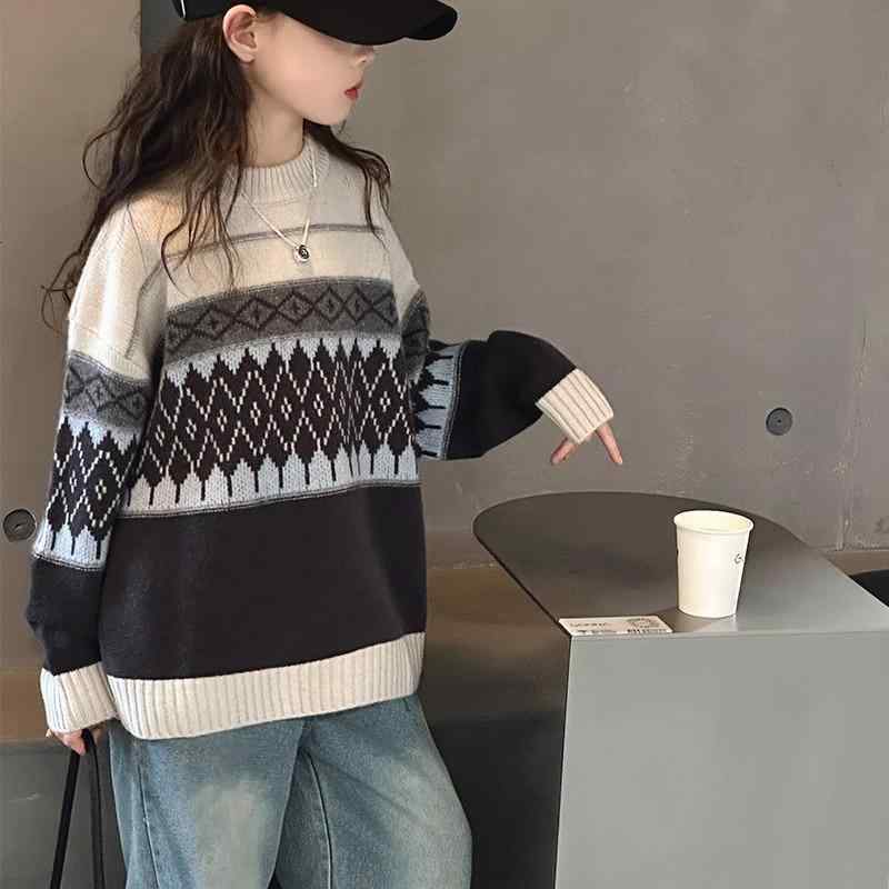 ニット・セーター ガールズ 子供服 秋冬 長袖 プルオーバー 菱形 アーガイル柄 ジャガード編み 厚手 暖かい 防寒 韓国風 通学着 普段着