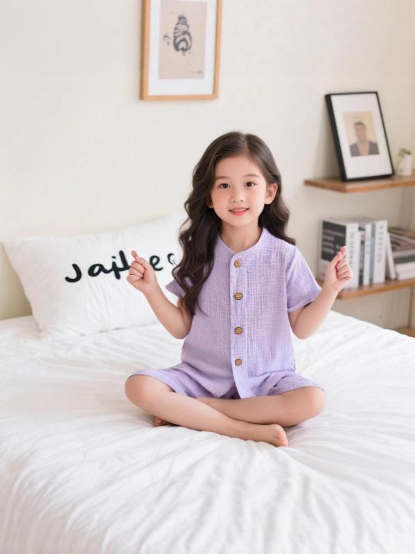 子供用パジャマ 半袖短パン 上下セット ダブルガーゼ 皺加工 コットン100％ 薄手 吸湿速乾 ルームウェア ピンク パープル ベージュ ブルー グレー 春夏