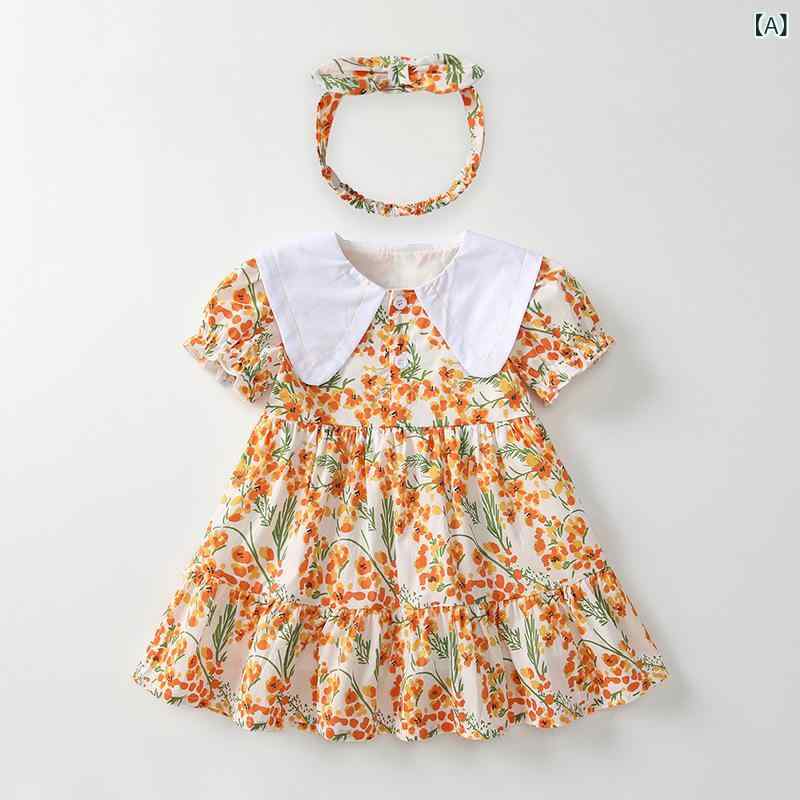 女児 ワンピース キッズ 女の子 1-3歳 夏 かわいい 田園風 プリント 花柄 綿100% 柔らか素材 短袖 フリルスカート 軽量 通気性 吸湿速乾 普段使い ガーリー 姫スタイル