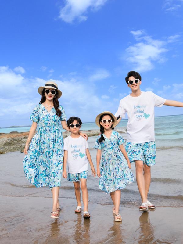 ワンピース 親子 レディース リゾート セットアップ ポリエステル 花柄 夏 海 ビーチ 旅行 家族 お揃いコーデ ブルー 伸縮性 吸湿速乾