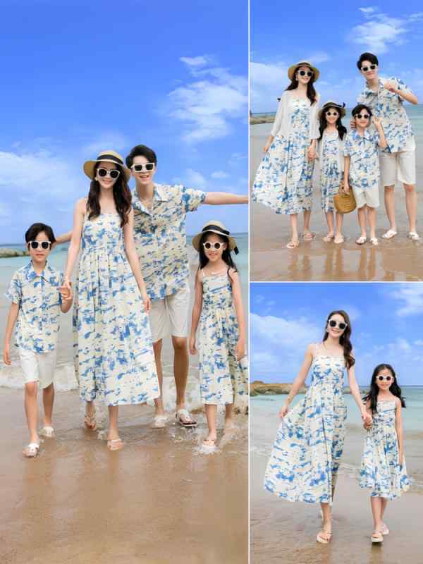 親子 ペア セットアップ リゾート ワンピース &amp; アロハシャツ 母娘 家族旅行 海 ビーチ ボヘミアン フラワープリント 混紡 ポリエステル
