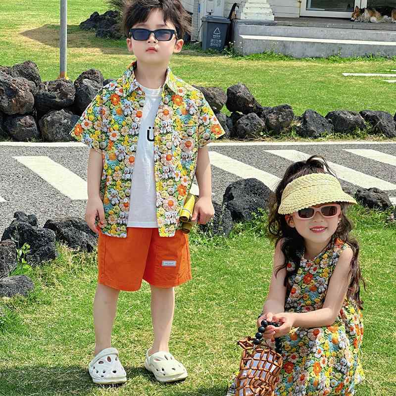 ワンピース 子供服 女の子 半袖 花柄 リゾート ビーチウェア 上下セット 子供用 夏服 薄手 トップス パンツ または スカート 綿100 かわいい おしゃれ
