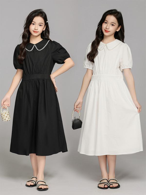 ワンピース 女の子 子供服 半袖 コットン Aライン パール 襟 かわいい リゾート 白 黒 140cm 150cm 160cm