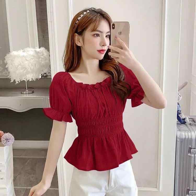 シャツ レディース 半袖 春夏 韓国風 ウエストシェイプ 無地 ギャザー オフショルダー トップス