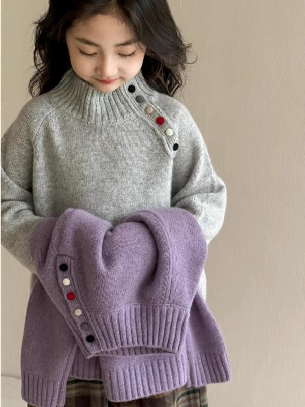 ニット セーター ガールズ 子供 秋冬 カラー ボタン ハーフハイネック プルオーバ...
