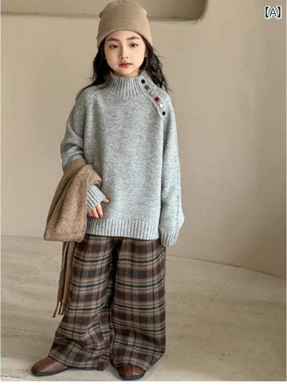 ニット セーター ガールズ 子供 秋冬 カラー ボタン ハーフハイネック プルオーバ...