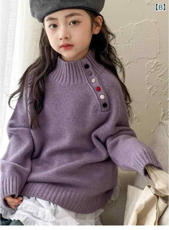 ニット セーター ガールズ 子供 秋冬 カラー ボタン ハーフハイネック プルオーバ...