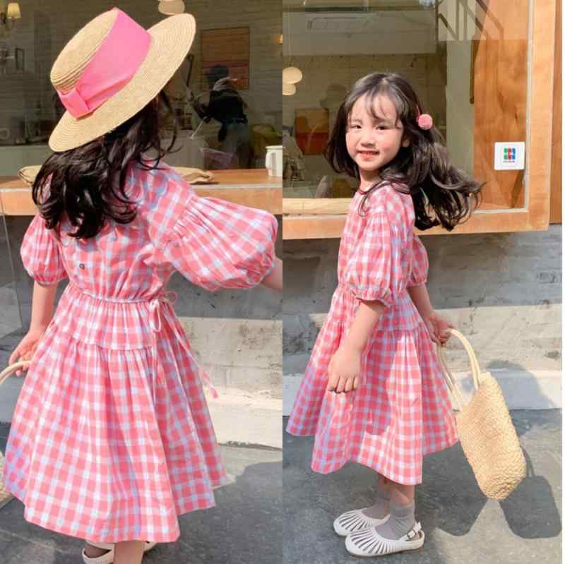 Girls' One-Piece Dress, French Style, Plaid Pattern, Children's Clothing, Ages 3, 4, 5, 6, 7, 8, Cute, Cotton, Short Sleeved, Summer, Resort