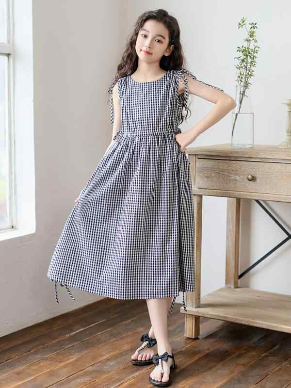 ワンピース キッズ 女の子 子供服 夏 チェック柄 Aライン ウエスト切り替え 120cm 130cm 140cm 150cm 160cm 165cm