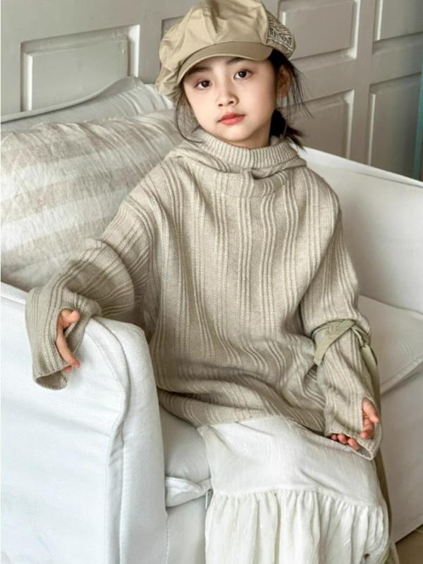 子供服 セーター 女の子 ニット トップス 長袖 ラウンドネック ウール 厚手 防寒 ガールズ 女児 秋冬 ベージュ系 かわいい おしゃれ 通学 普段使い