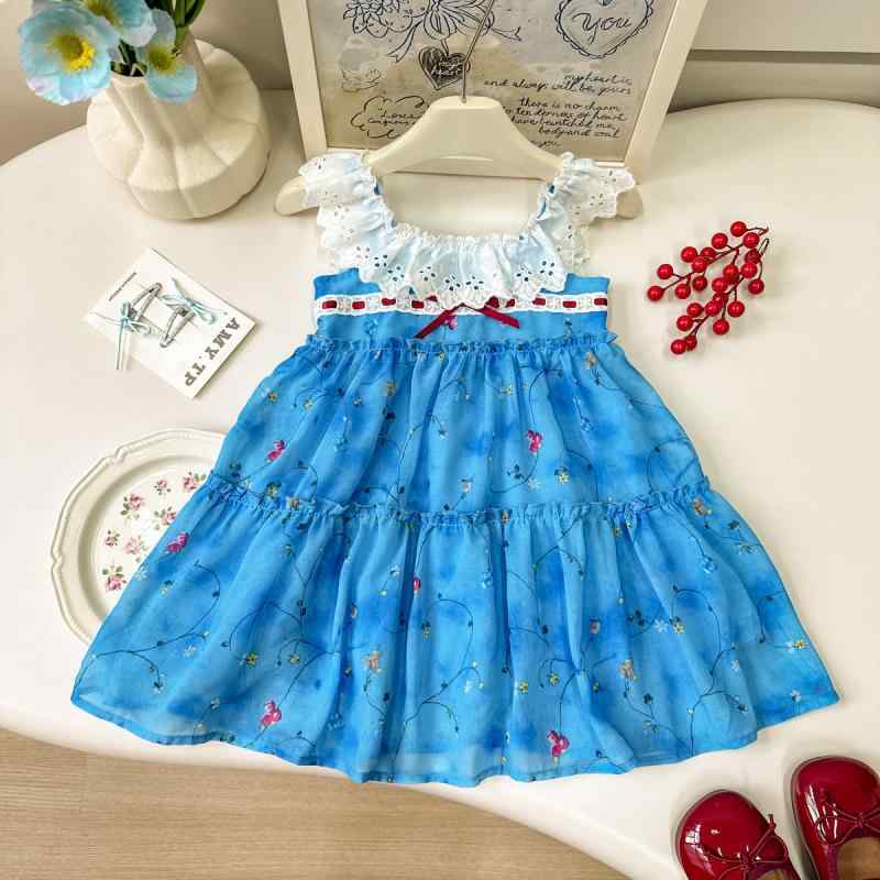 ワンピース 女の子 夏 吊りスカート 子供服 リゾート 花柄 ギャザー Aライン 膝丈 かわいい ポリエステル ブルー