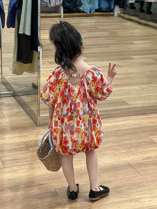 ワンピース 女の子 夏 子供服 プリンセスドレス 花柄 半袖 膝丈 バックオープン リゾート かわいい 綿混紡 90 100 110 120 130 140