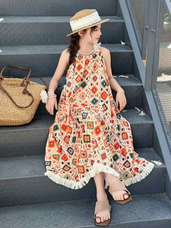 ワンピース 女の子 ボヘミアン サマー ビーチワンピース Aライン ノースリーブ 子供服 綿70% リゾート