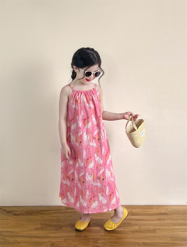 子供服 ワンピース 女の子 ピンク系 小猫柄 キャミソールワンピース Aライン 夏 リゾートワンピース コットン 100%