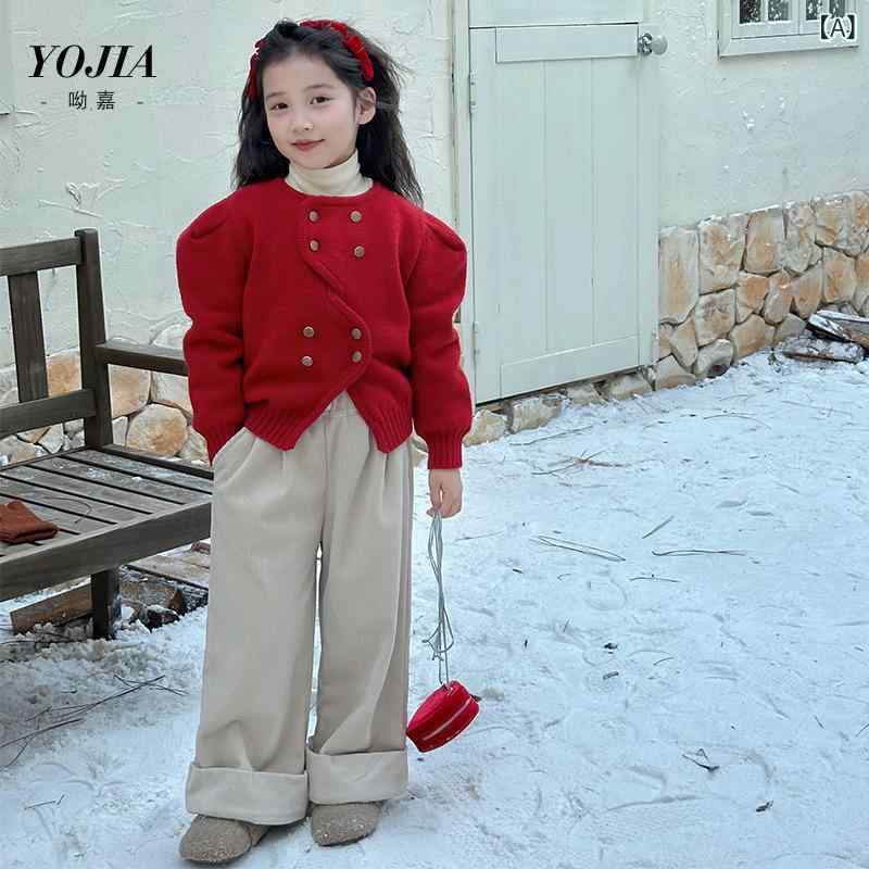 ニット カーディガン ガールズ 子供服 秋冬物 中国風 女の子用 トップス 裏起毛 厚手 ポリエステル 新年 赤 100 110 120 130 140 150 160