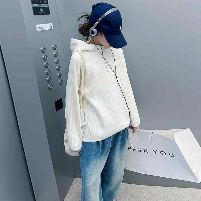子供服 ニット・セーター 女の子 秋冬 連帽 プルオーバー 配色 厚手 暖かい カシミヤ風 トップス 普段着 通学着 ホワイト グレー ピンク系 カーキ 120cm 130cm 140cm 150cm 160cm 170cm
