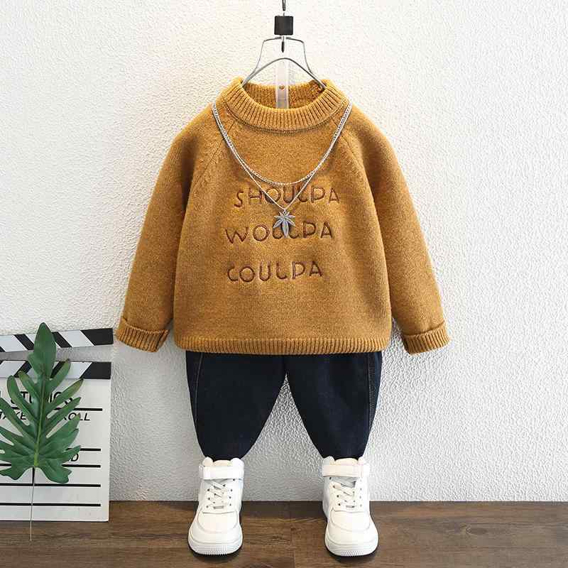 ニット キッズ 男の子 冬服 トップス 長袖 無地 刺繍 あったか 裏起毛 厚手 防寒