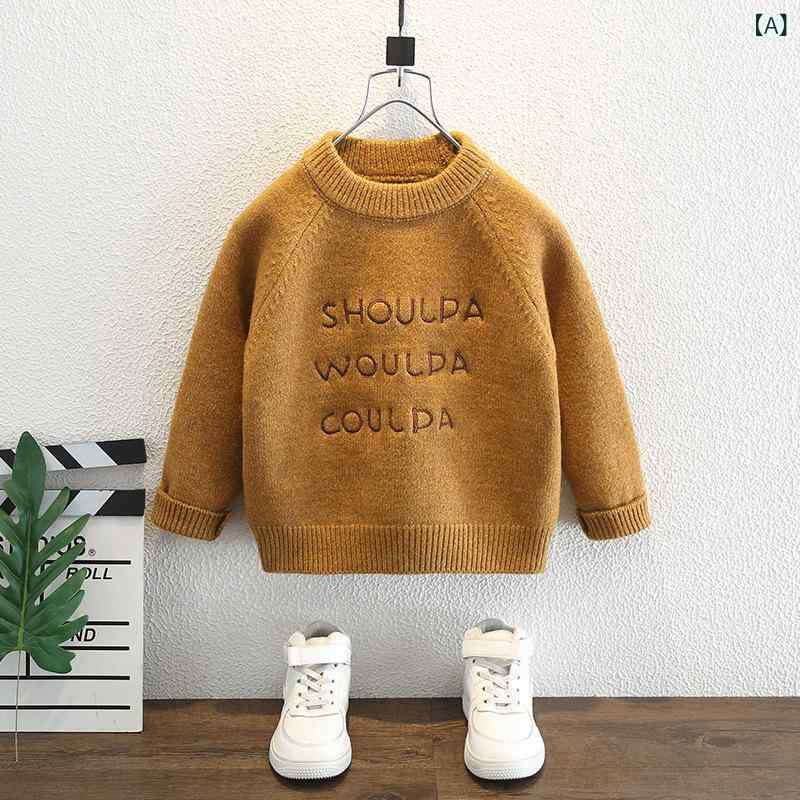 ニット キッズ 男の子 冬服 トップス 長袖 無地 刺繍 あったか 裏起毛 厚手 防寒