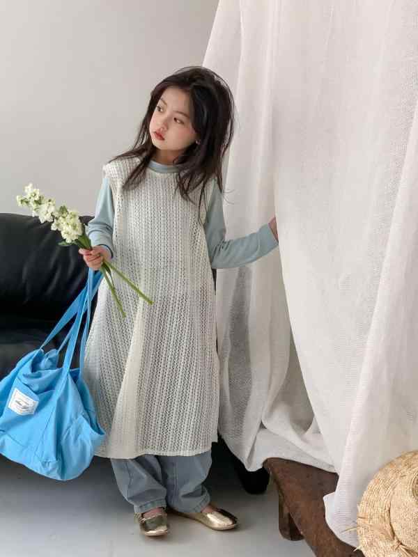 ワンピース キッズ ノースリーブ チュニック Aラインスカート 女の子 コットン かわいい 重ね着 リゾート 春(4.0)