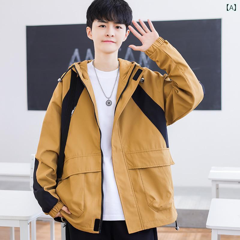 Rakuten - 春夏 ジャケット メンズ 青少年 男児 高校生 大学生 工装風 連帽 トップス コート 外套 トレンド かっこいい ゆったりシルエット ロングスリーブ 長袖 コットン混 ポリエステル 伸縮性 吸湿速乾 接触冷感 ライトウェイト 普通厚み 斜め裾 ロブヘム