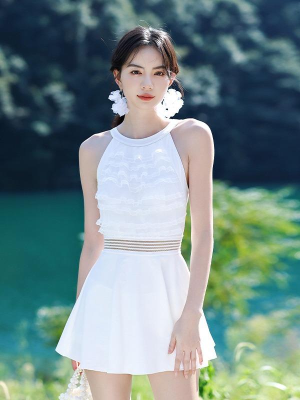 水着 レディース ワンピース スカート スタイル 小胸 バストアップ 韓国風 リゾート 温泉 海水浴 無地 ハイウエスト 白 黒