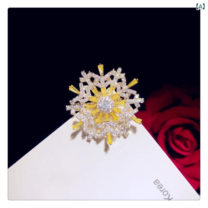 ブローチ レディース 韓国 雪の結晶 ジルコニア 回転式 2way 黄色 ピンク キラキラ おしゃれ かわいい アウター ジャケット