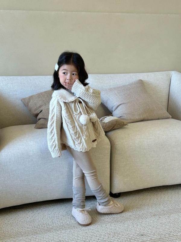 Cardigans - ニット・セーター キッズ 女の子 子供服 ニットカーディガン ポンチョ風 ケーブル編み 丸首 長袖 かわいい 韓国風 秋冬 綿80% 90 100 110 120 130 140cm