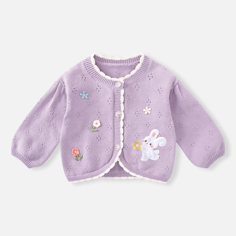 Cardigans - 子供服 ニットカーディガン 女の子 かわいい ベビー服 薄手 長袖 コットン トップス 春秋 おしゃれ 普段使い パープル ピンク系 イエロー グリーン