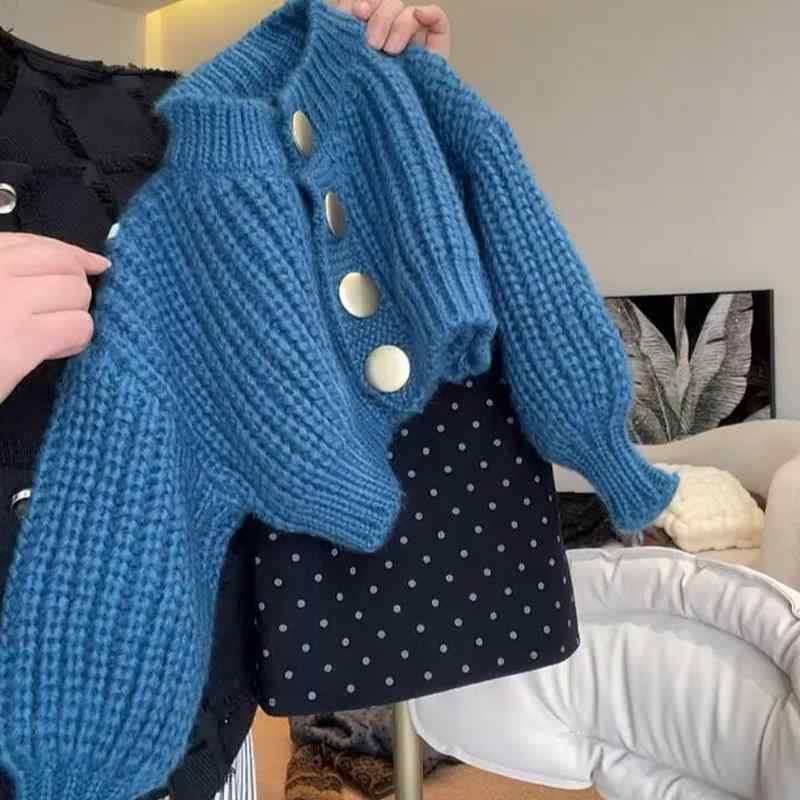 Cardigans - 子供服 ニット カーディガン 女の子 春秋 薄手 ショート丈 コットン 子供 ニットセーター トップス 羽織り かわいい おしゃれ ブルー 水玉スカート