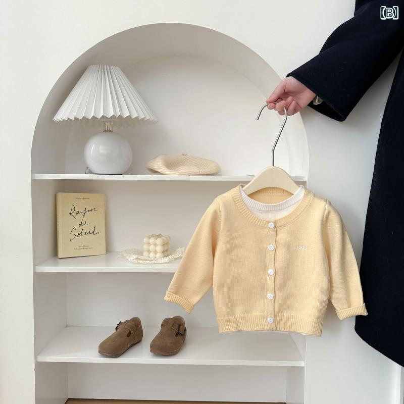 ニット カーディガン 女の子 春秋 ベビー服 幼児 子供服 長袖 ニットセーター トップス 丸首 かわいい おしゃれ 普段着 部屋着 グレー イエロー ブルー(x2)
