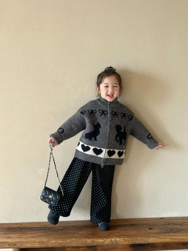 羊毛衫 - ニット 子供服 男女兼用 カーディガン ジップアップ セーター 厚手 秋冬 韓国風 かわいい 高襟 ポリエステル 綿混紡 カートーン柄 普段着 おしゃれ着