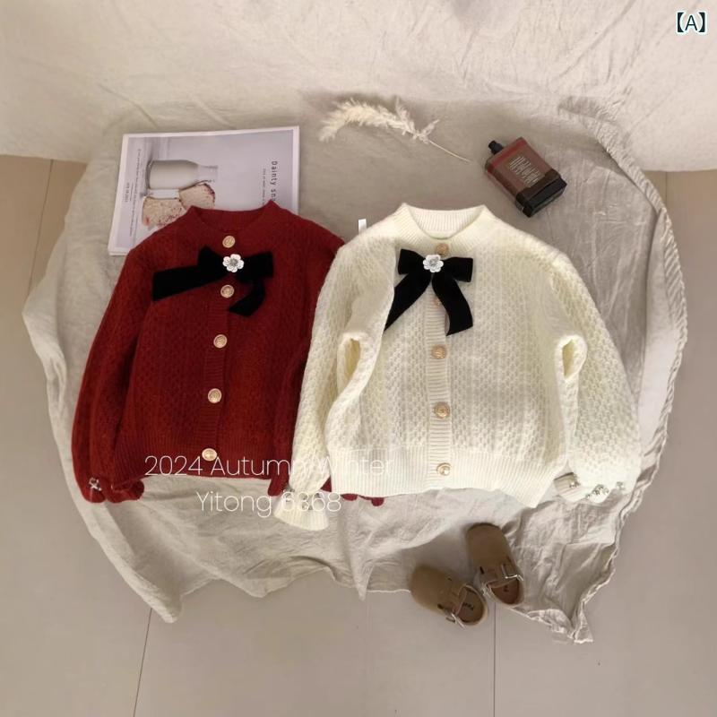 ニット カーディガン ガールズ 子供服 女の子 秋冬 キッズ レトロ トップス アウター 暖かい 防寒 かわいい おしゃれ レッド 赤 アイボリー