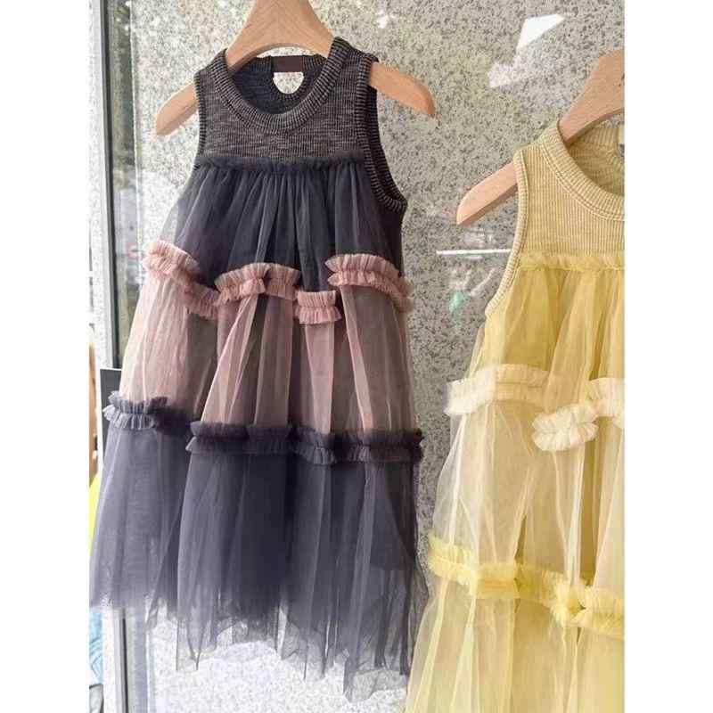 子供服 ワンピース 女の子 キッズ ノースリーブ Aライン チュールスカート プリンセススタイル リゾート風 夏 綿 黄色 グレー 90cm 100cm 110cm 120cm 130cm 140cm