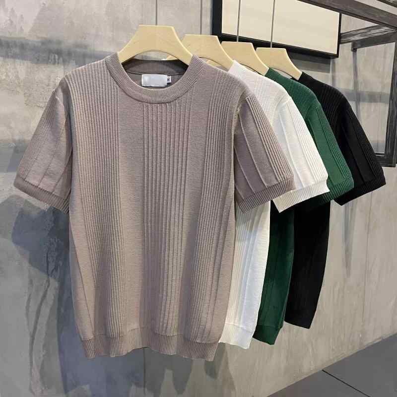 ニット Tシャツ メンズ 薄手 接触冷感 5分袖 サマーニット トップス 涼しい 縦縞柄 スリムフィット 普段使い おしゃれ ブラック ホワイ..