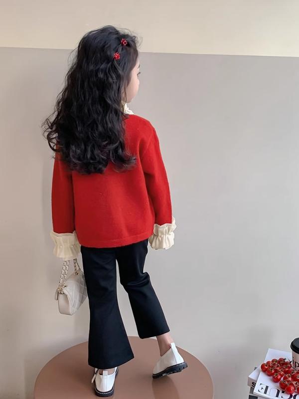 Cardigans - ニット カーディガン キッズ 女の子 子供服 春秋 かわいい 小香風 ニットセーター アウター おしゃれ 長袖 丸首 トップス 通園 通学 普段着 レッド イエロー パープル